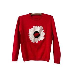 Womens Red White Stitched Daisy Beaded Long Sleeve Pullover Sweater Size Small